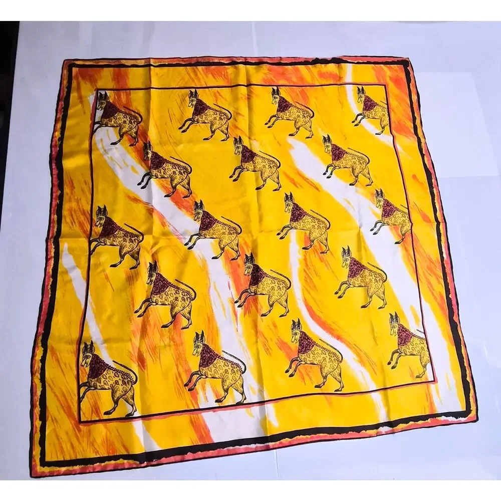 Vintage Mythical Gazelle Chimera Silk Square Scarf 31x31 Yellow Sun‎